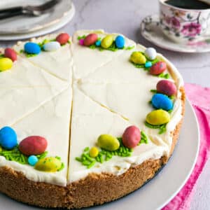 No bake Easter cheesecake arranged on a platter.