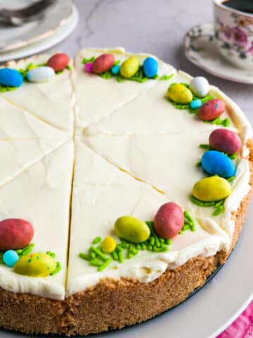 No bake Easter cheesecake arranged on a platter.