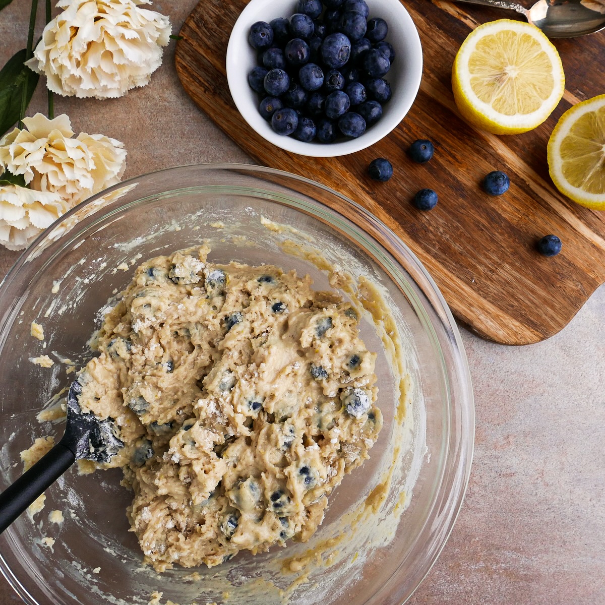 muffin-batter.jpg Flour and blueberries folded into the batter.