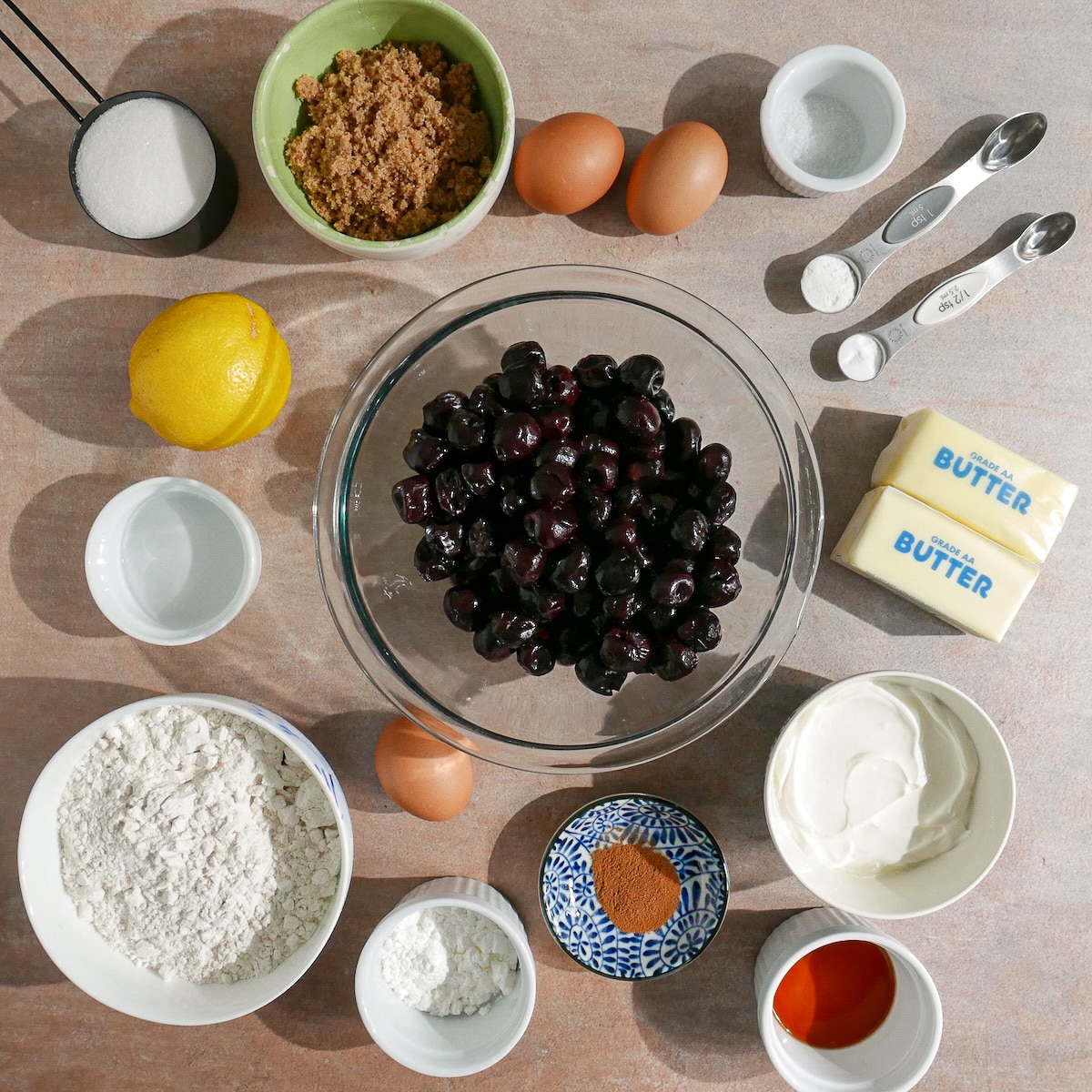 Coffee cake ingredients arranged on a table.