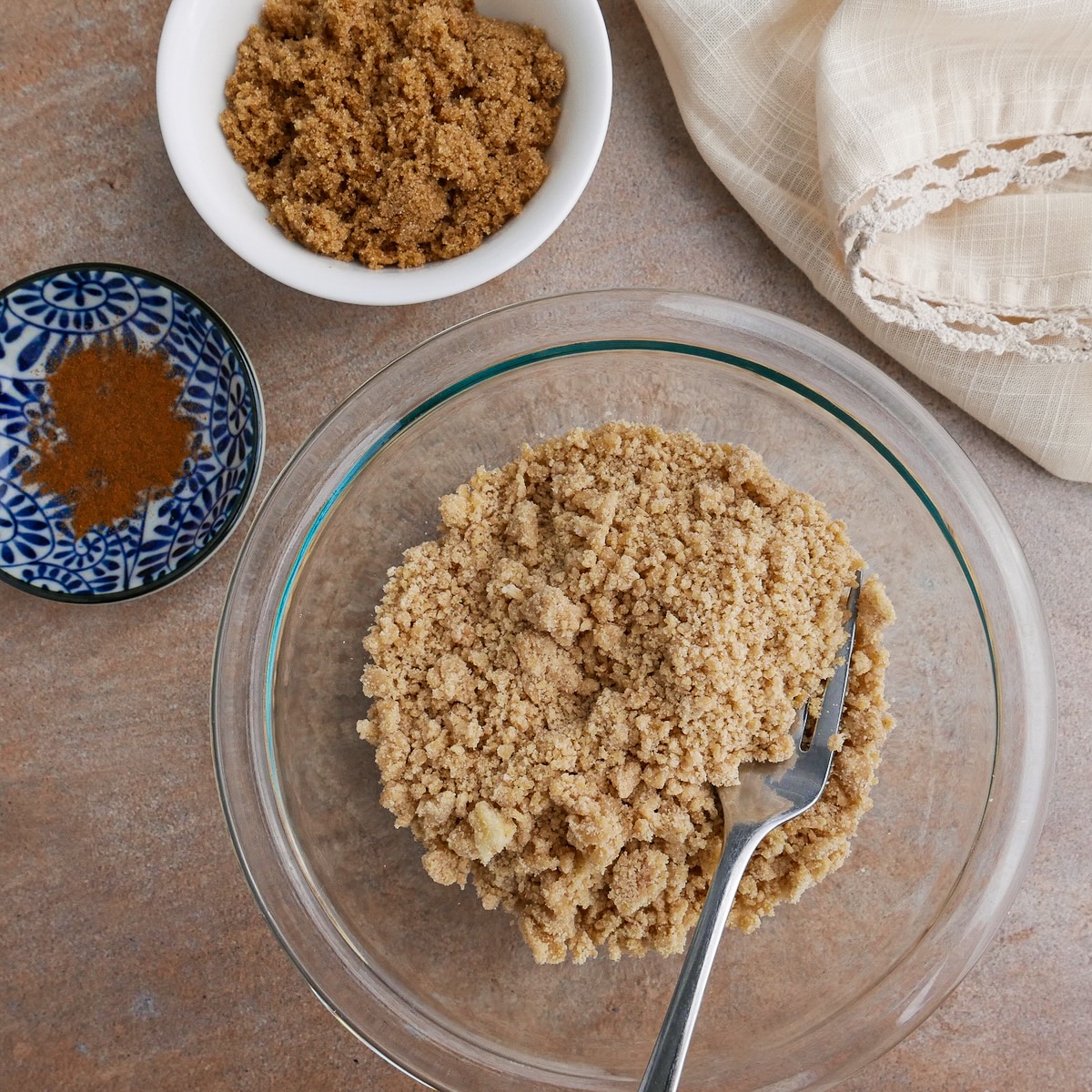 Streusel topping mixed together in a medium bowl.