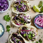 Smoky and meaty portobello mushroom tacos with fresh garnishes.