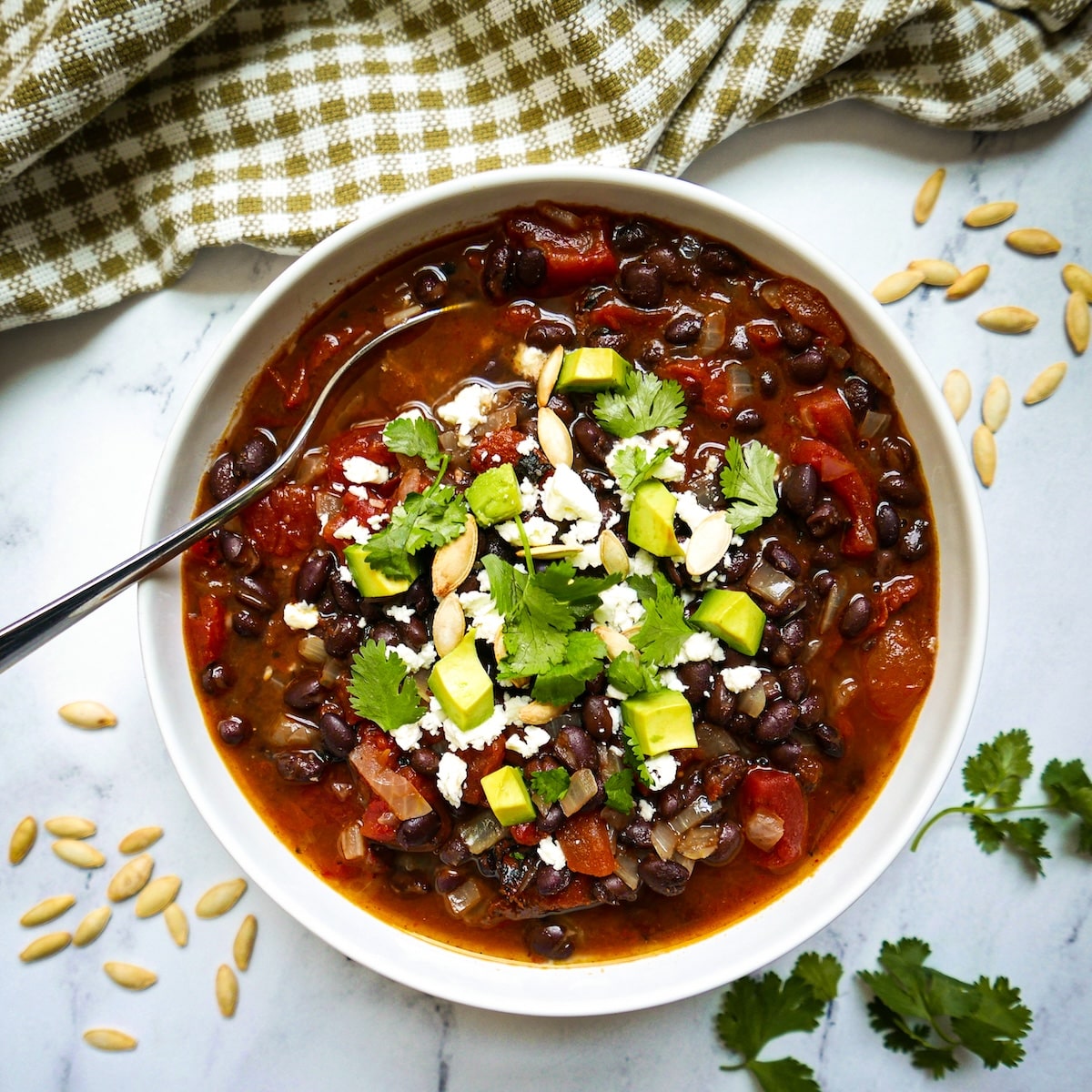 Canned black bean soup with vegetables.