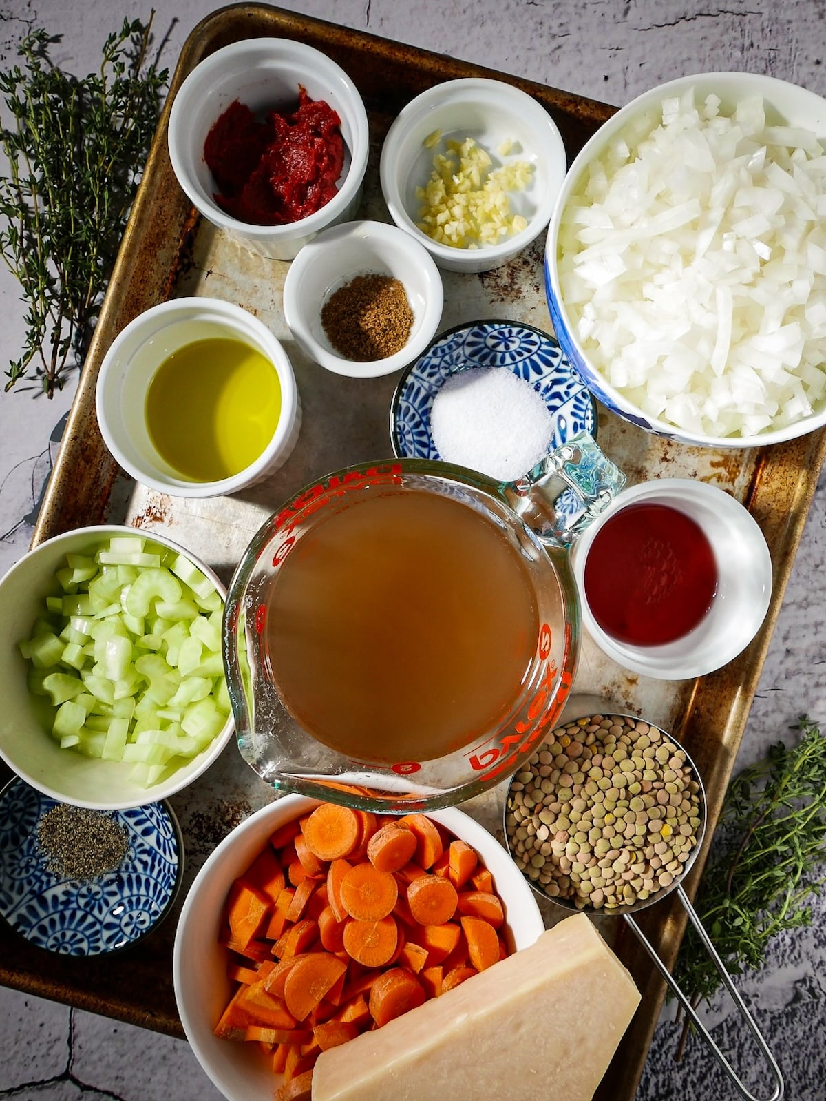 Lentil vegetable soup ingredients.