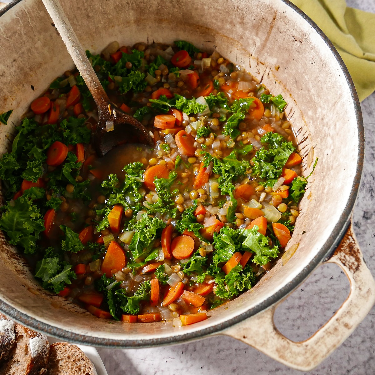 Kale leaves added to vegetable soup.