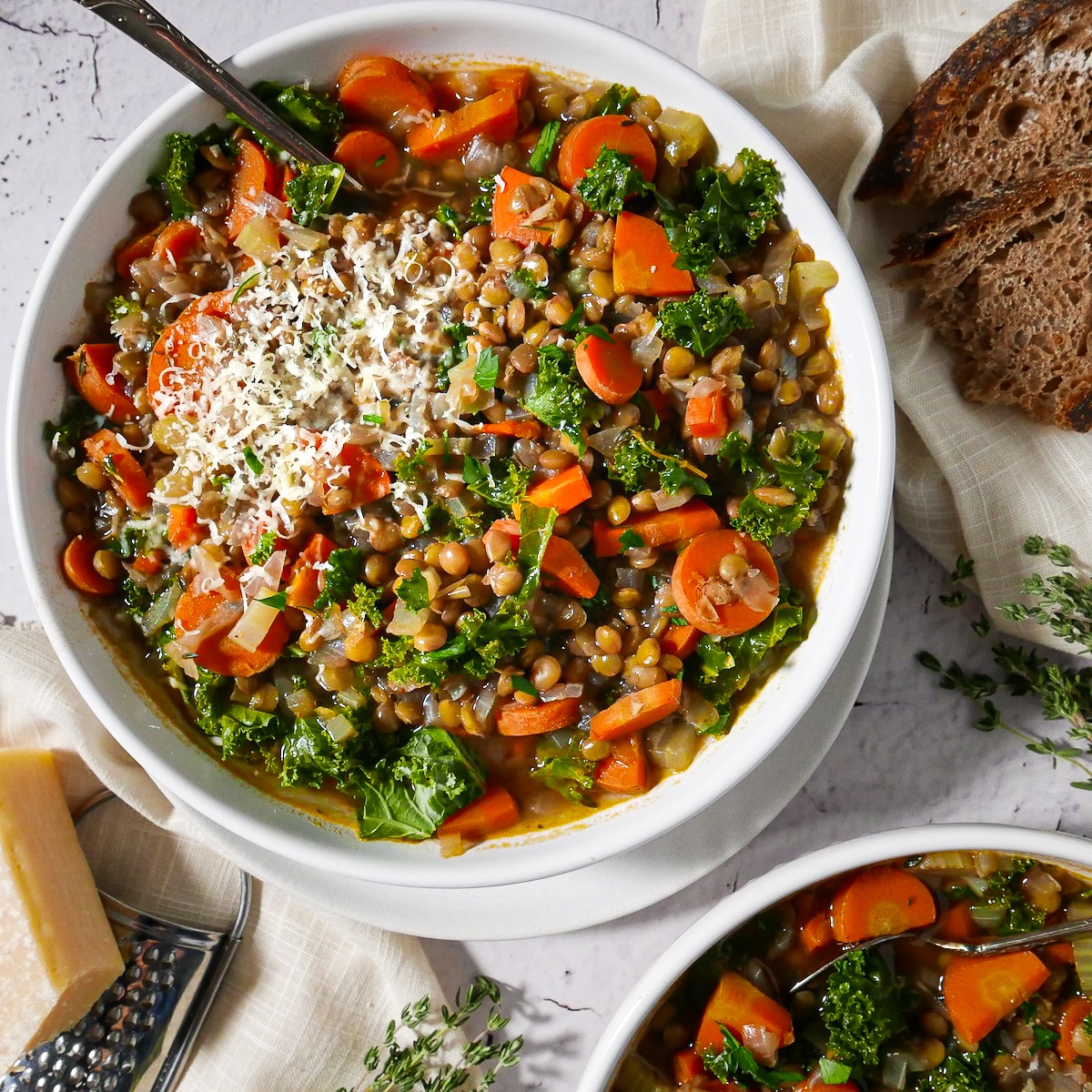 vegetable-lentil-soup.jpg Easy vegetable lentil soup garnished with Parmesan cheese.