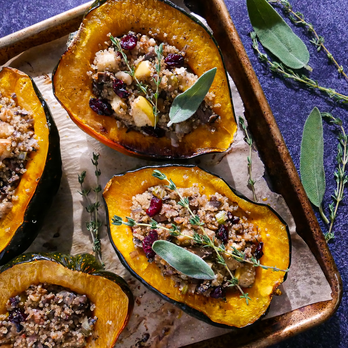Acorn squash stuffed with quinoa and vegetables.