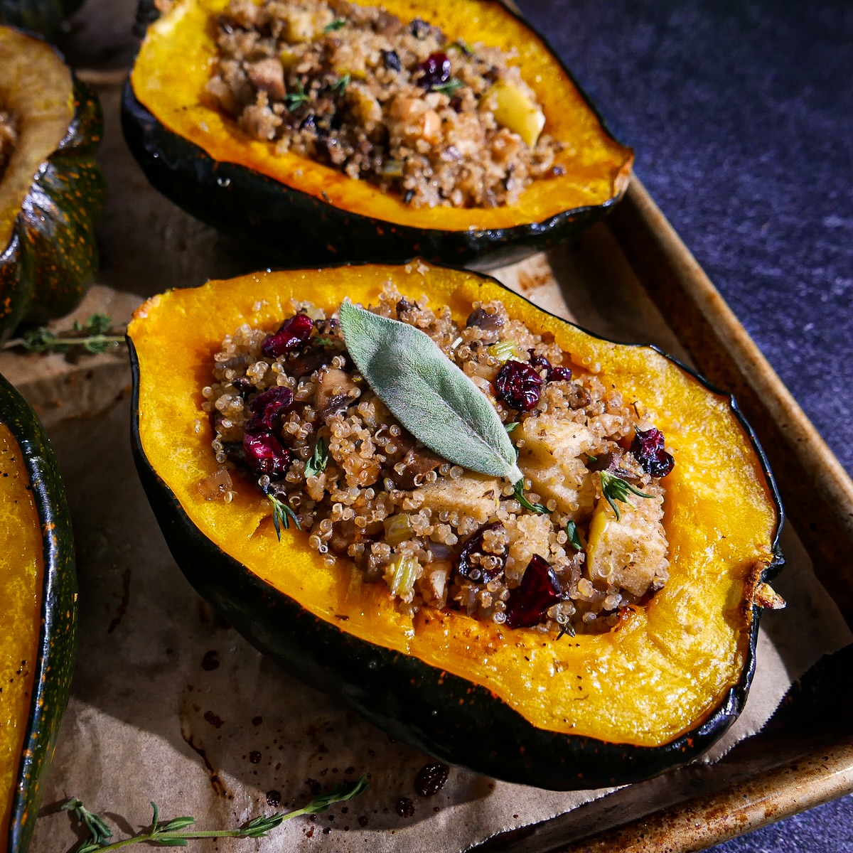 Healthy acorn squash with quinoa and veggies.