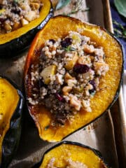 Vegetarian stuffed squash with quinoa and cranberries.