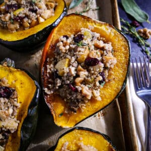 Vegetarian stuffed squash with quinoa and cranberries.
