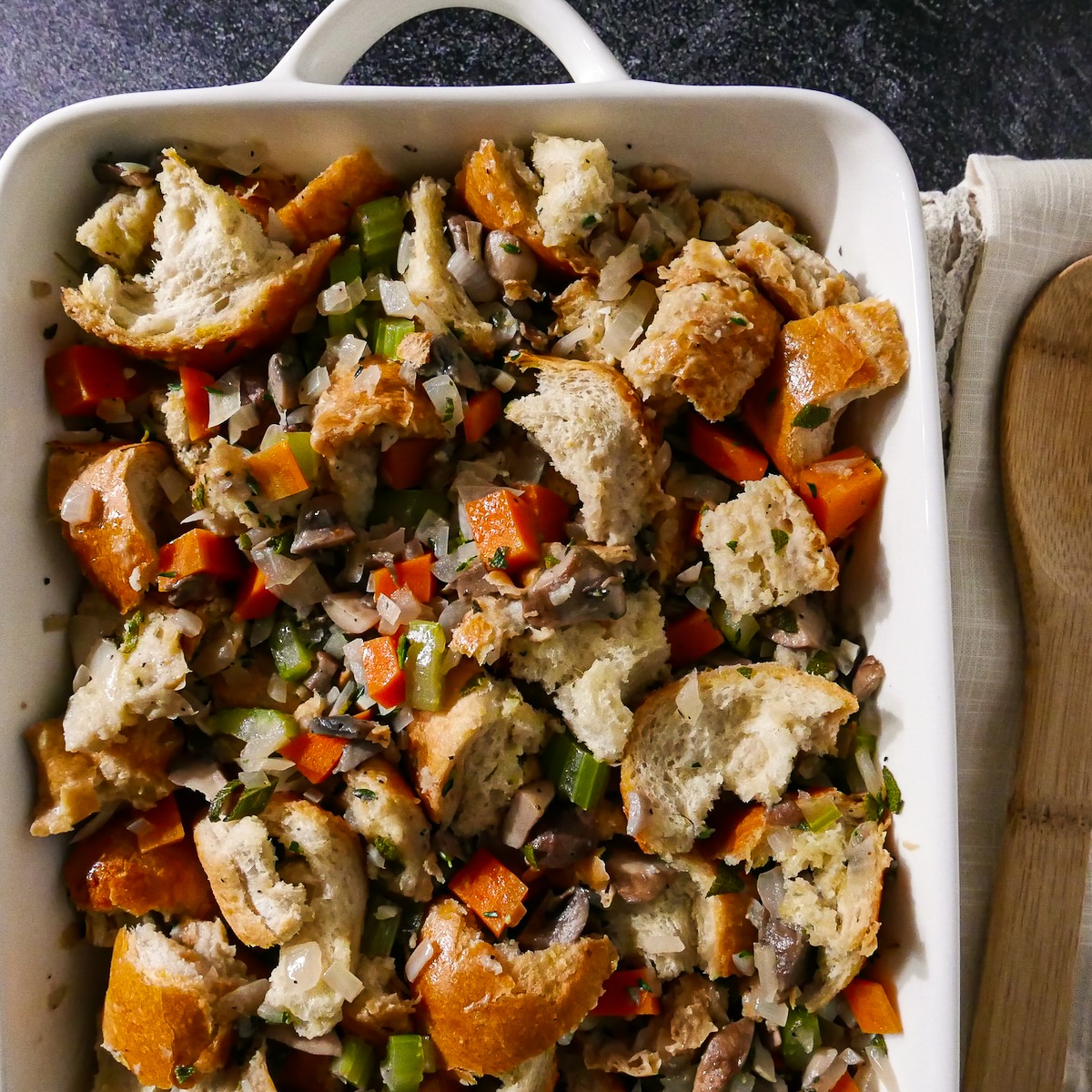 assembled-stuffing.jpg Assembled veggie stuffing in baking dish.