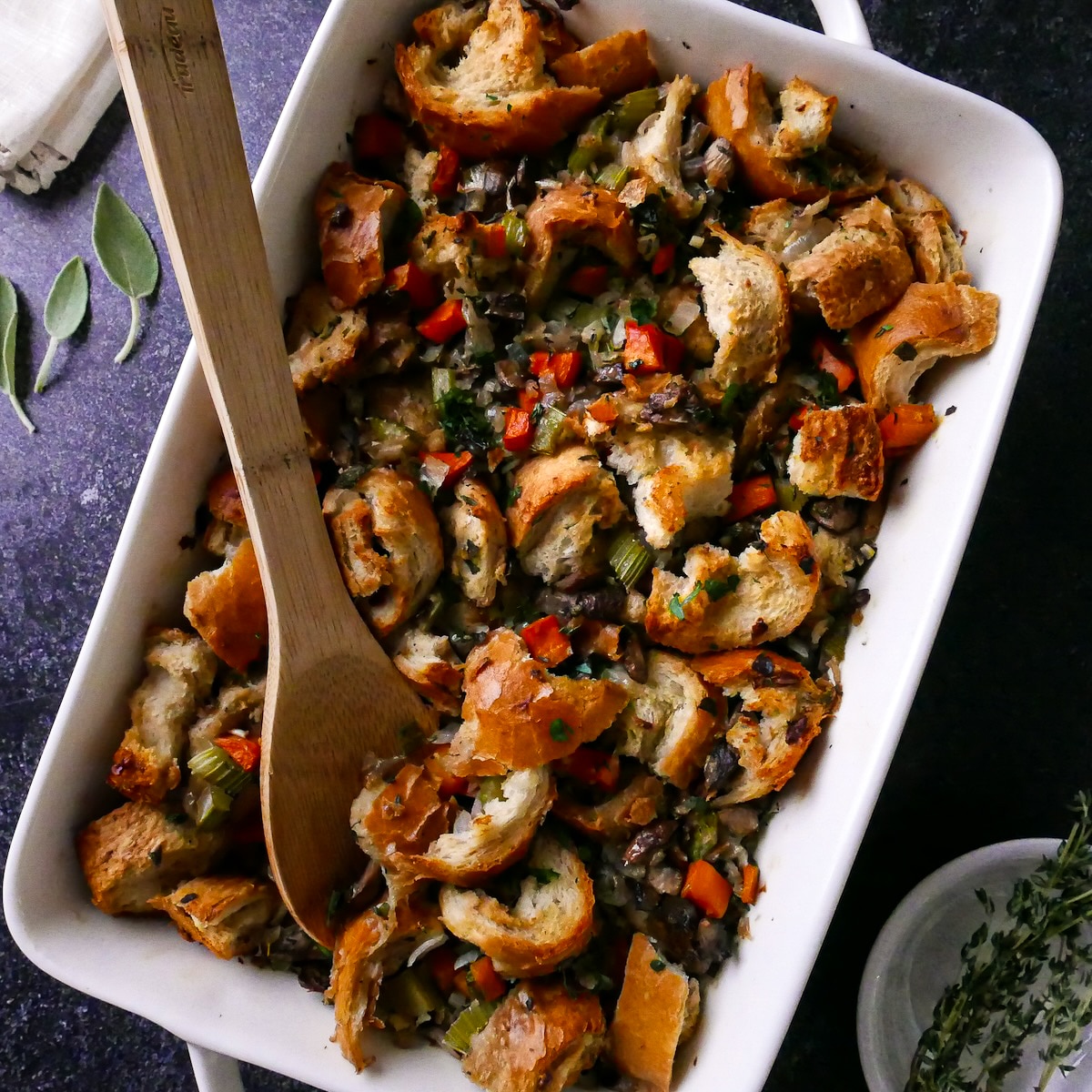 baked-stuffing.jpg Baked stuffing with mushrooms on a table.