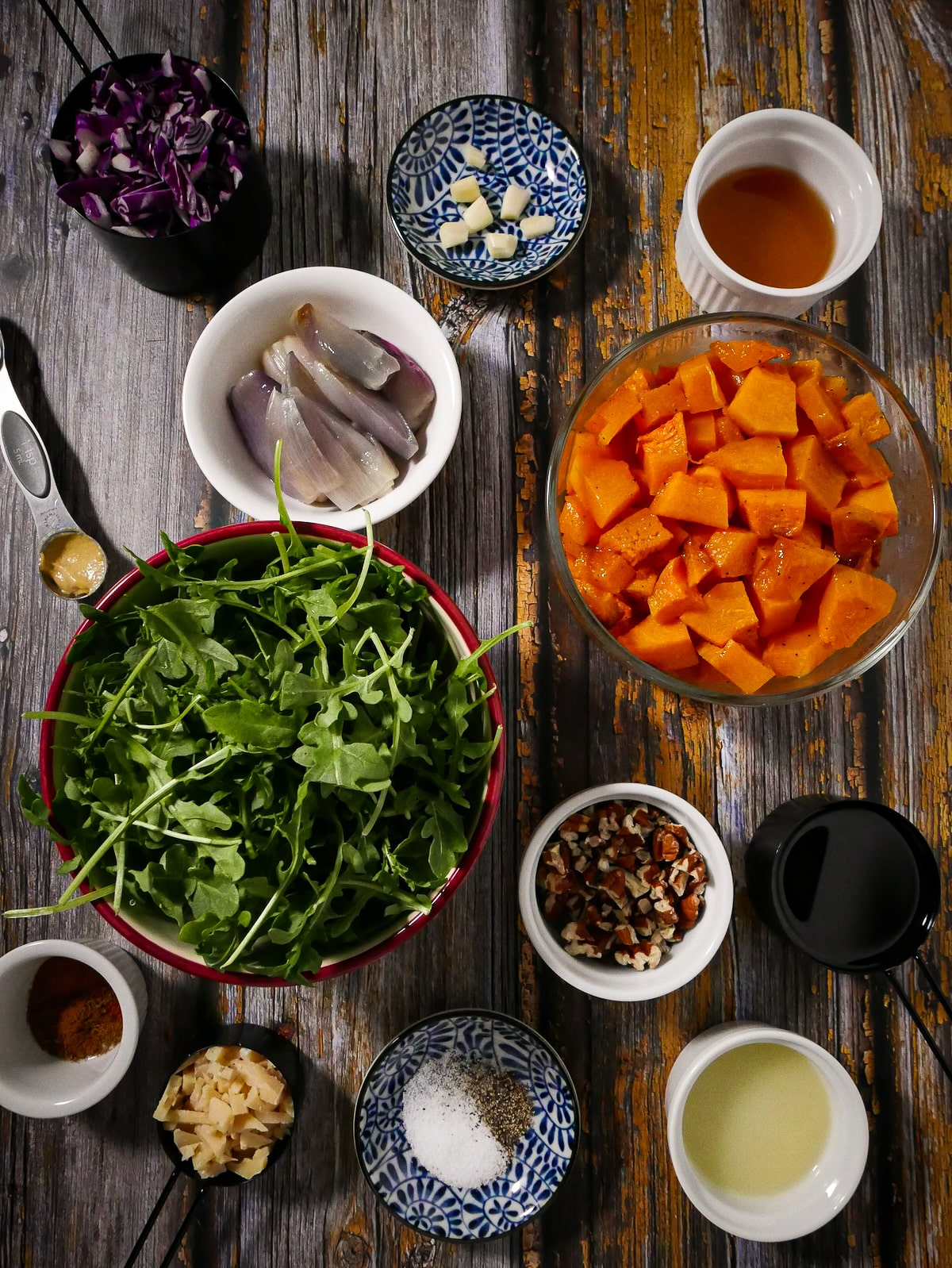 salad-ingredients.jpg Squash salad ingredients arranged on a table.
