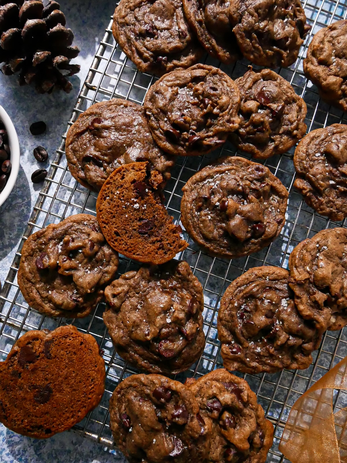 Chocolate chip cookies with espresso on parchment paper.