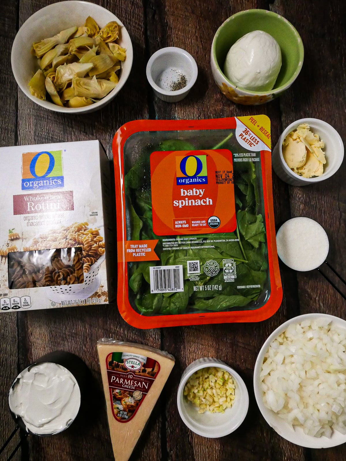 Pasta bake ingredients arranged on a table.