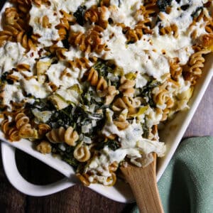 Creamy pasta with spinach and artichokes.