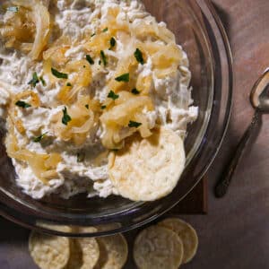 Homemade French onion dip in a bowl with chips.