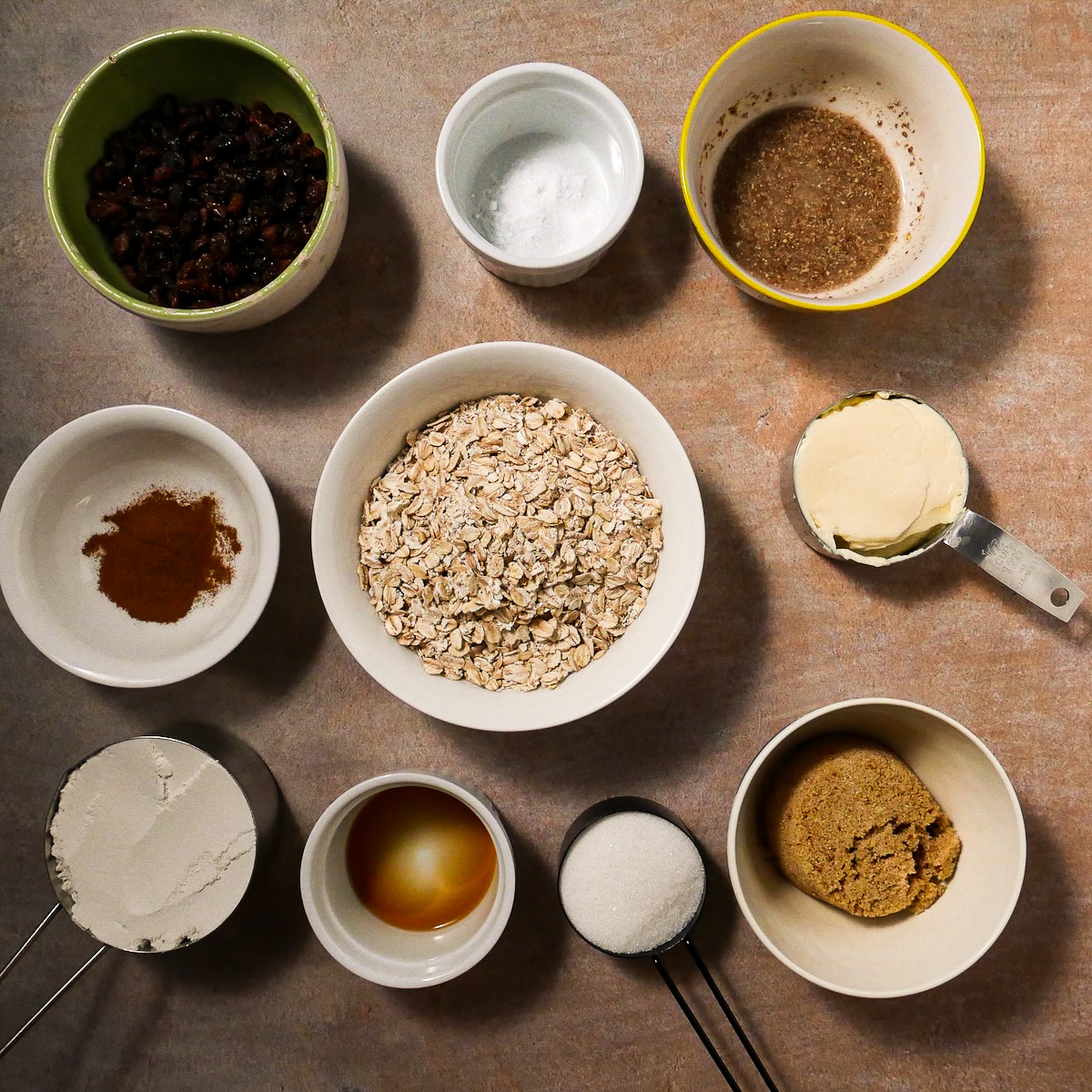 Vegan cookie ingredients arranged on a table.