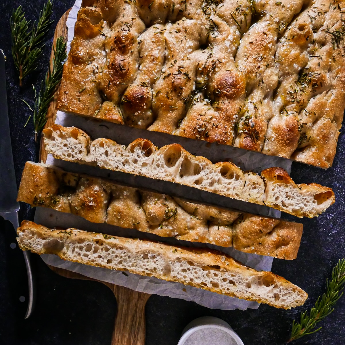 sliced-focaccia.jpg Golden sourdough focaccia sliced into squares on parchment paper.