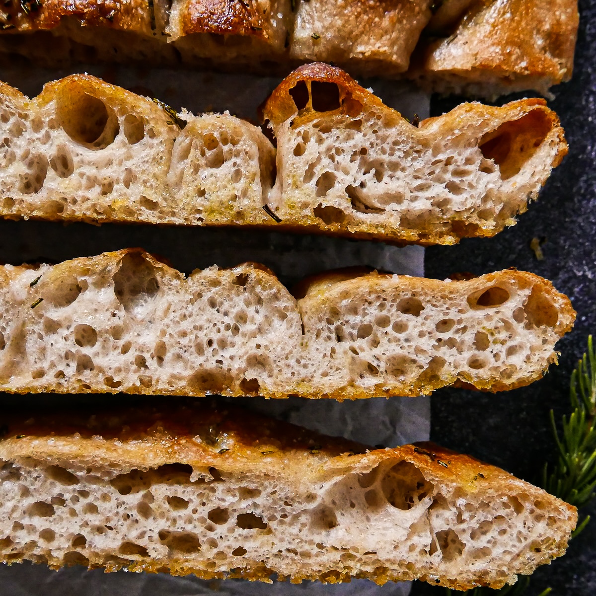 Fluffy focaccia bread lined up on parchment paper. 