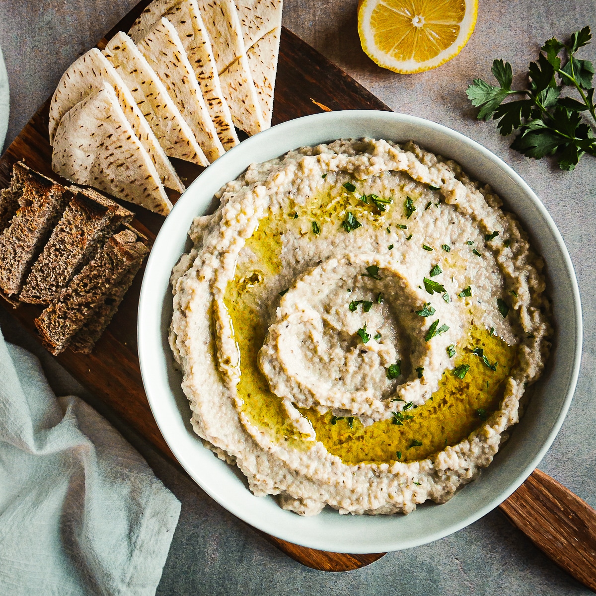 eggplant-dip.jpg Roasted eggplant dip in a bowl.