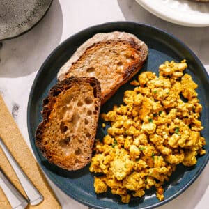 Creamy tofu scramble with toast.