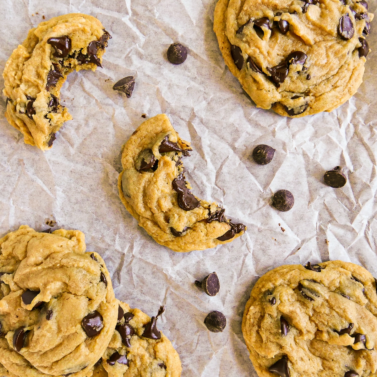 dairy-free-cookies.jpg Non-dairy cookies arranged on parchment paper with one cookie missing a bite.