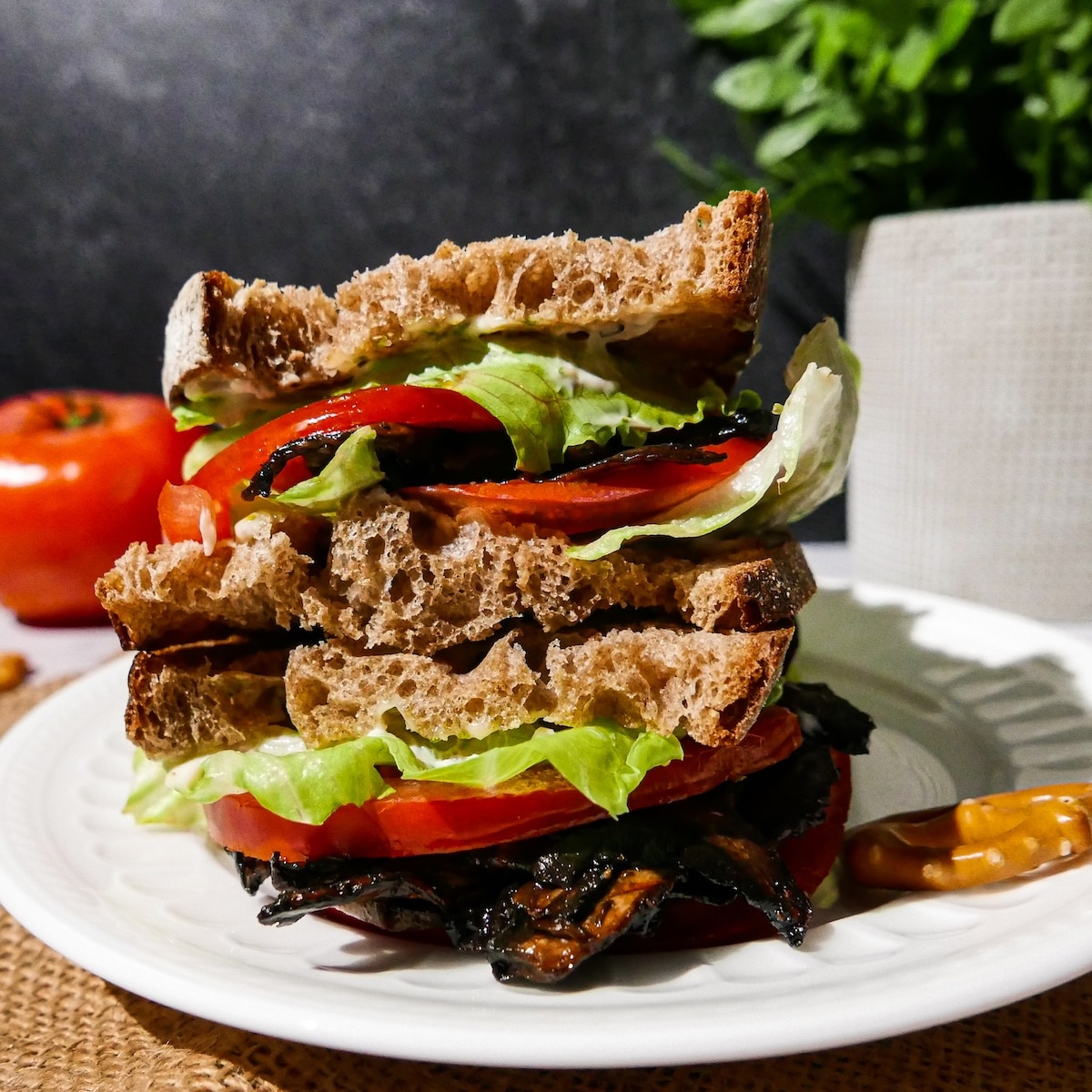 meatless-blt-sandwich.jpg Meatless BLT sandwich assembled on a plate.