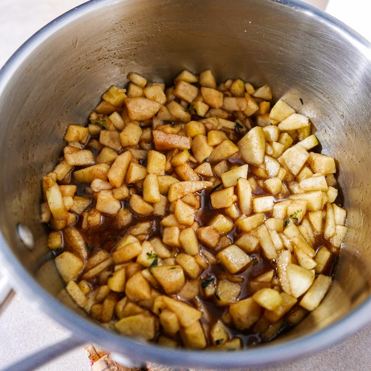 homemade-apple-filling.jpg Homemade apple filling in a saucepan.