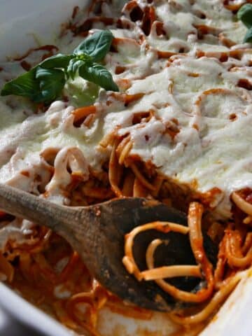 Spaghetti bake made with leftover sauce and noodles.