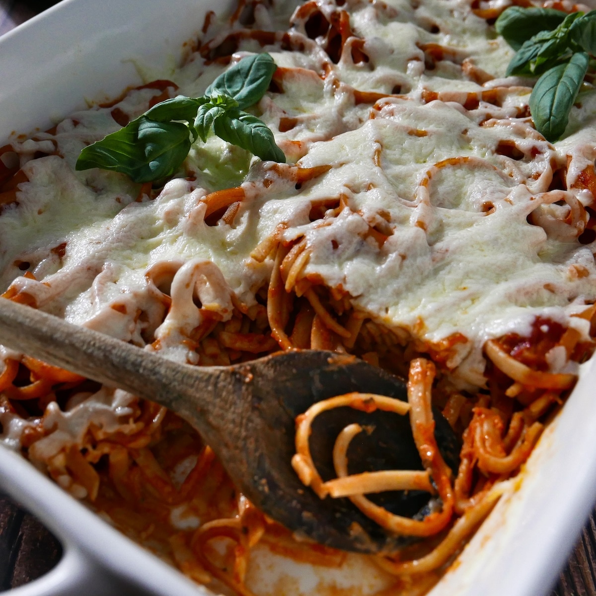 piece-of-casserole.jpg Spaghetti bake made with leftover sauce and noodles.