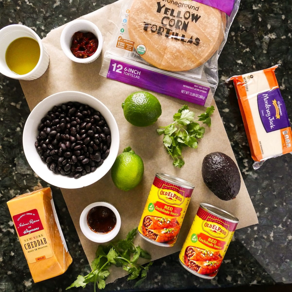 enchilada-ingredients.jpg Ingredients for sweet potato enchiladas recipe arranged on a table.