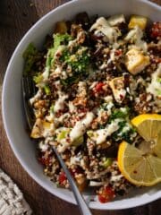 Vegan quinoa bowl recipe with tahini dressing.