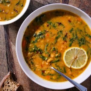 Easy kale and white bean soup in a bowl.