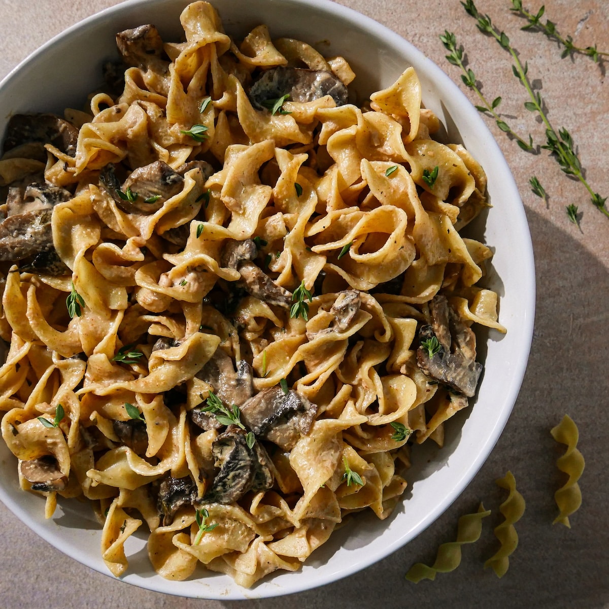 meatless-stroganoff-recipe.jpg Mushroom stroganoff recipe with fresh thyme.