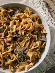Vegetarian mushroom stroganoff in a bowl.
