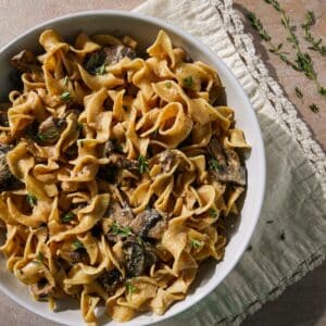 Vegetarian mushroom stroganoff in a bowl.