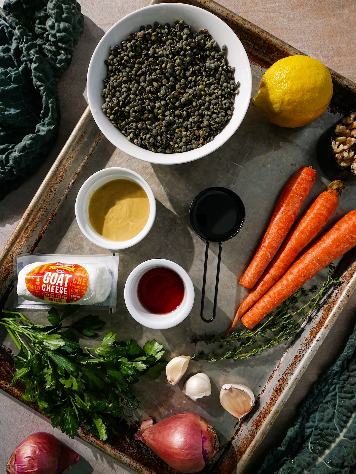 lentil-salad-ingredients.jpg Lentil salad ingredients arranged on a baking sheet.