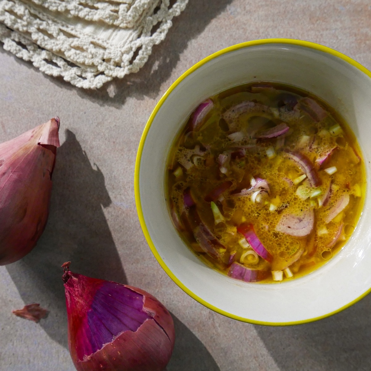 dijon-vinaigrette.jpg Dijon-shallot vinaigrette in a bowl.