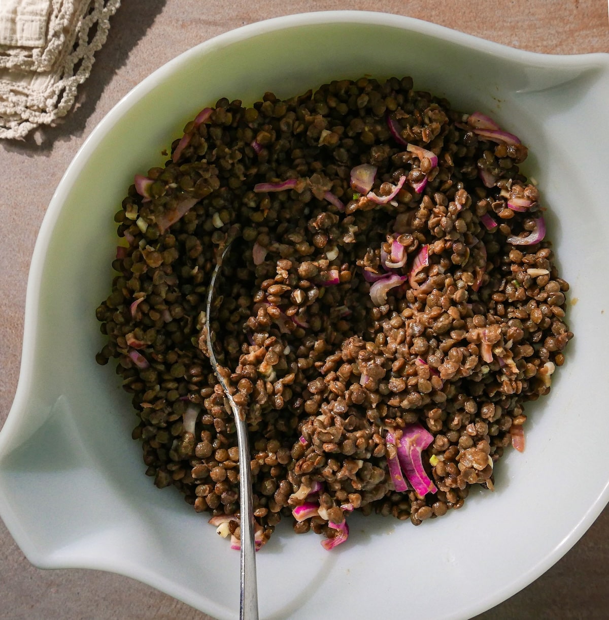 lentils-and-vinaigrette.jpg Cooked lentils mixed with shallot and Dijon vinaigrette.