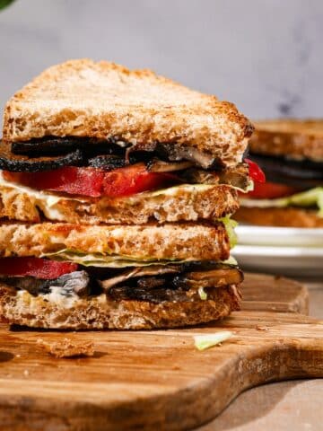 Meaty vegetarian blt with portobello mushrooms.