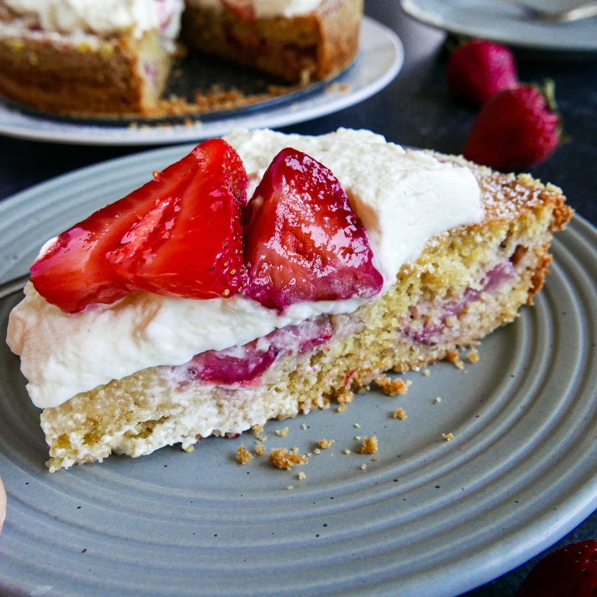 one-layer-cake.jpg Slice of one layer strawberry cake with whipped cream.