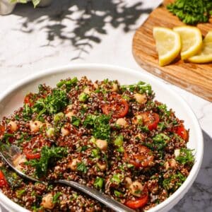 Quinoa tabbouleh with chickpeas in a bowl.