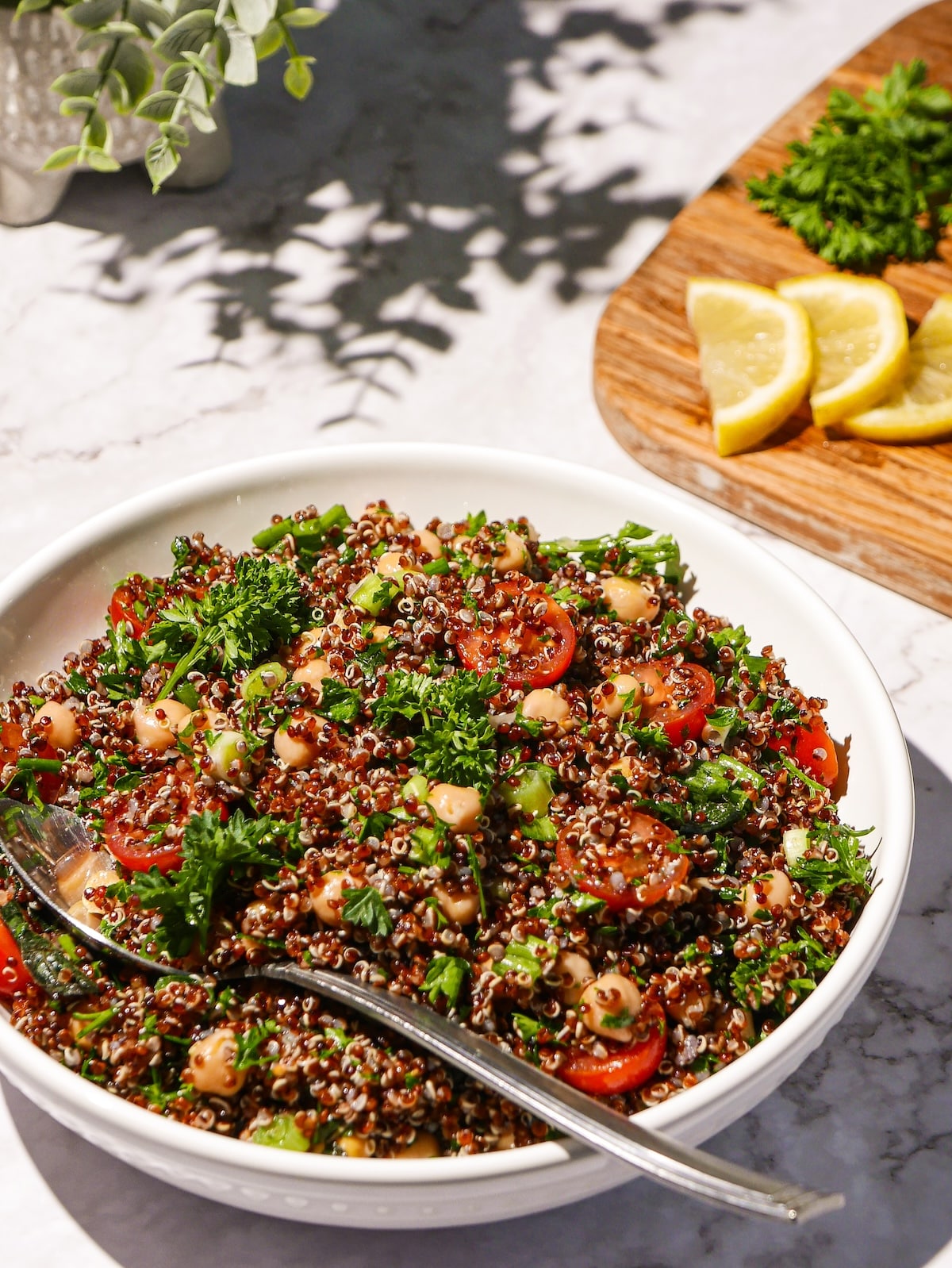 Quinoa tabbouleh with chickpeas in a bowl.