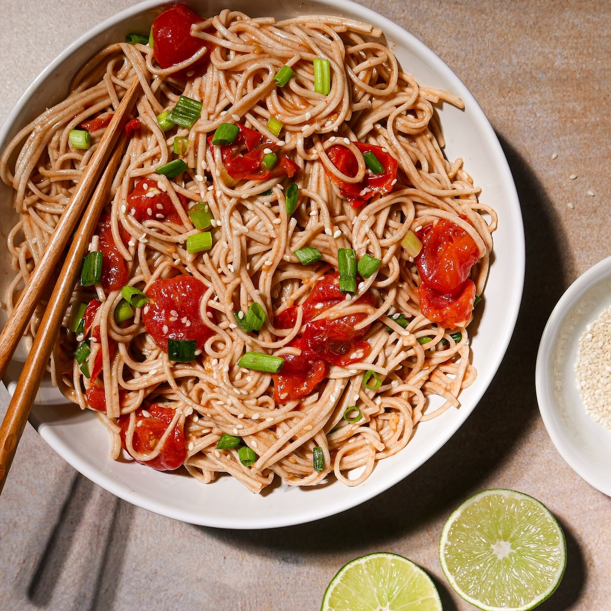 cold-soba-noodles.jpg Cold soba noodles with dressing in a bowl.
