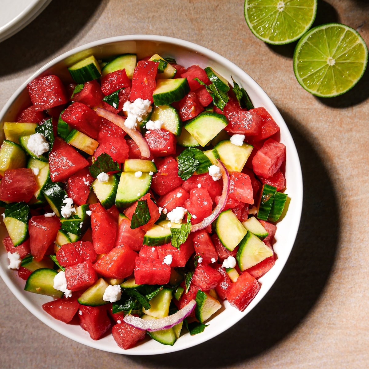 cucumber-watermelon-salad.jpg Cucumber and watermelon salad with mint and feta.