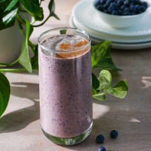 Creamy blueberry banana smoothie with almond milk.