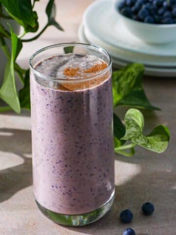 Creamy blueberry banana smoothie with almond milk.