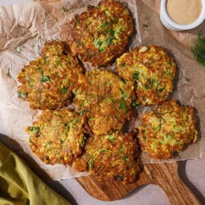 Crispy zucchini fritters with feta and dill.