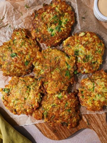 Crispy zucchini fritters with feta and dill.